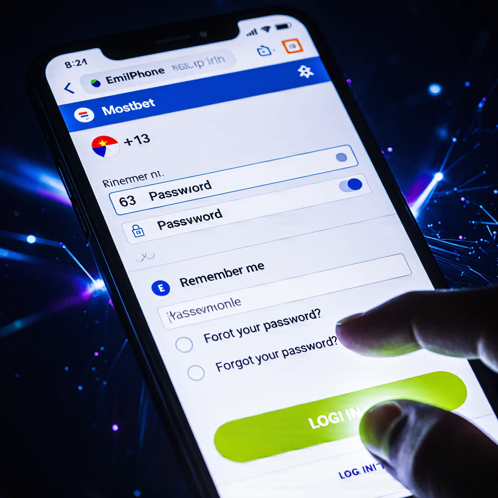 Ekran logowania do konta Mostbet pokazujący pola na e-mail i hasło